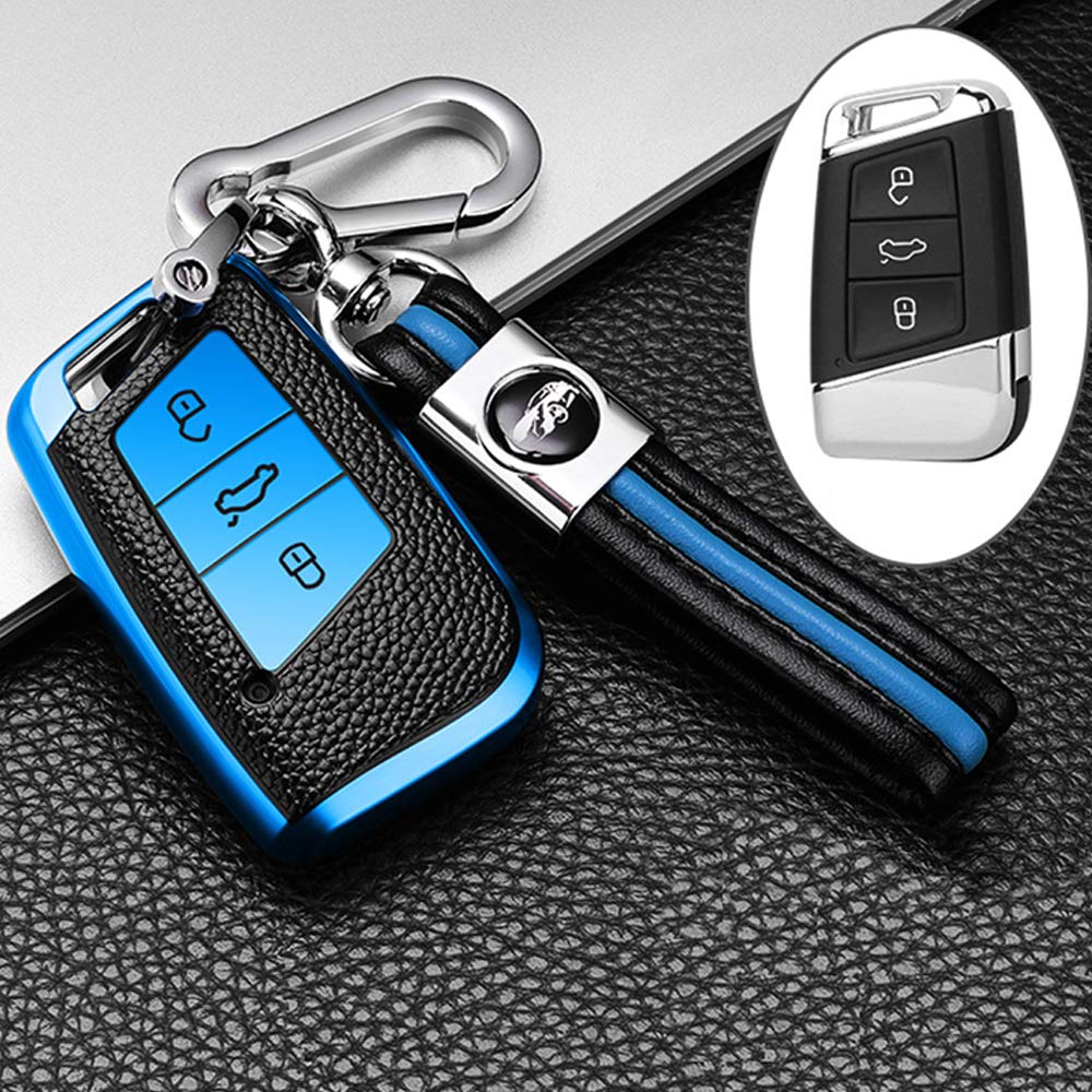 ontto Autoschlüssel Hülle Cover für VW Magotan Passat B8 CC Golf 7 Tiguan MK2 Jetta Skoda Superb A7 Kodiaq TPU Leder Schlüsselhülle mit Schlüsselanhänger Schlüssel Schutz Etui Fernbedienung-Blau ontto Autoschlüssel Hülle Cover für VW Magotan Passat B8 CC Golf 7 Tiguan MK2 Jetta Skoda Superb A7 Kodiaq TPU Leder Schlüsselhülle mit Schlüsselanhänger Schlüssel Schutz Etui Fernbedienung-Blau von ontto