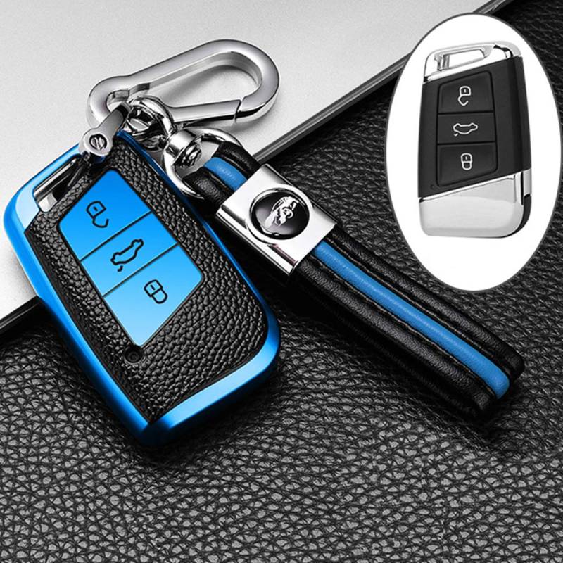 ontto Autoschlüssel Hülle Cover für VW Magotan Passat B8 CC Golf 7 Tiguan MK2 Jetta Skoda Superb A7 Kodiaq TPU Leder Schlüsselhülle mit Schlüsselanhänger Schlüssel Schutz Etui Fernbedienung-Blau von ontto