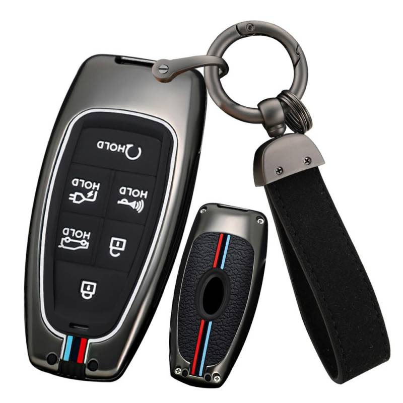 ontto Autoschlüssel Hülle Etui Passt für Hyundai Tucson L NX4 NX8 Ioniq 5 Staria Santa Fe Sonata N Line Atos 2020-2023 i10 i30 Metall Schlüsselhülle Schlüsselanhänger Schlüsselgehäuse-6 Tasten Schwarz von ontto