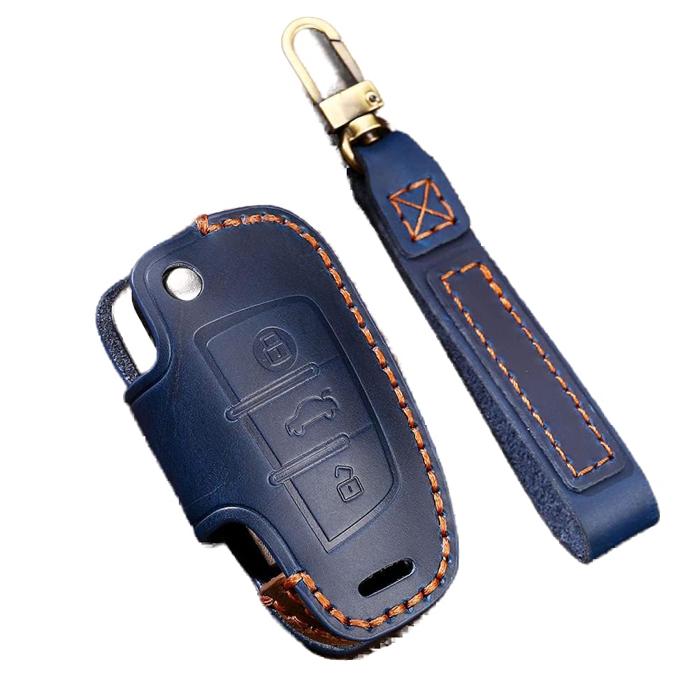 ontto Autoschlüssel Hülle Passt für Audi A3 A4 A5 C5 C6 8L 8P B6 B7 B8 C6 RS3 Q3 Q7 TT 8L 8V S3 Fernbedienung Cover Leder Schlüsselhülle Schlüsselanhänger Schlüssel Schutz Etui 3 Tasten-Blau von ontto