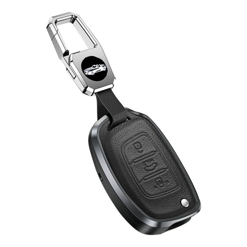 ontto Autoschlüssel Hülle Passt für Hyundai Tucson Creta IX25 i10 i20 i30 Verna Mistra Elantra Santa Fe 2015-2018 Fernbedienung Cover Schlüsselanhänger Metall Leder Schutzhülle Schlüsselcover-Schwarz von ontto