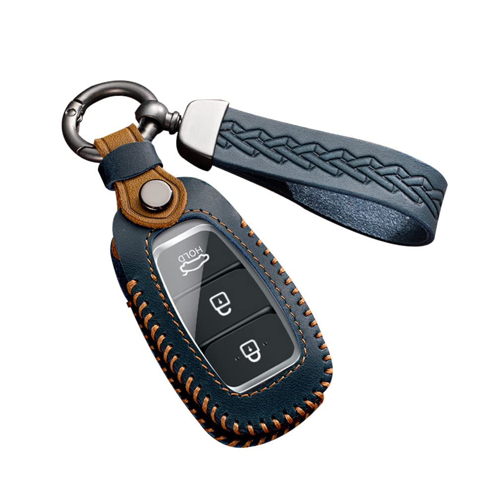 ontto Autoschlüssel Hülle Schlüsselcover Passt für Hyundai I30 I40 Kona Solaris Grandeur Ig Accent Santa Fe Palisade 2017-2021 Fernbedienung Schlüsselanhänger Leder Schlüsseletui Autozubehör Blau von ontto