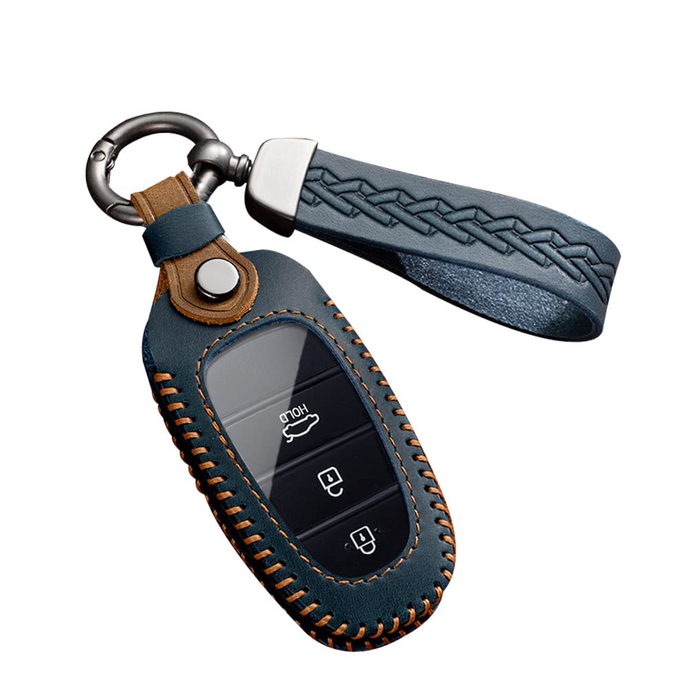 ontto Autoschlüssel Hülle Schlüsselcover Passt für Hyundai Tucson NX4 Ioniq 5 Nexo Solaris Santa Fe TM Sonata DN8 2020-2022 Fernbedienung Schlüsselanhänger Leder Schlüsseletui Auto Zubehör Halter-Blau von ontto