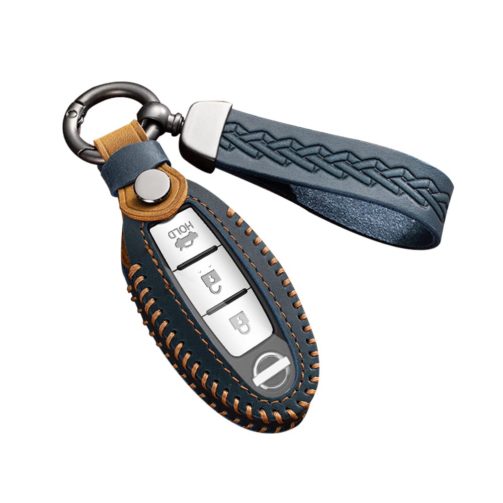ontto Autoschlüssel Hülle Schlüsselcover Passt für Nissan 370Z Tiida X-Trail Qashqai Rogue Pulsar Micra Murano Juke Fernbedienung Schlüsselanhänger Leder Schlüsseletui 3/4/5 Tasten Autozubehör-A Blau von ontto