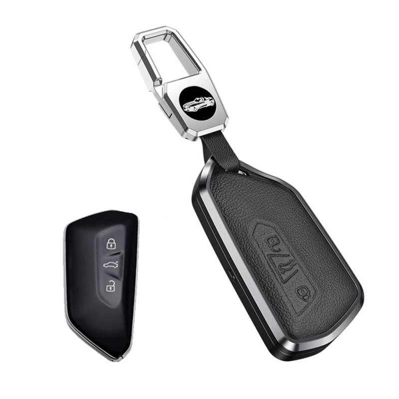 ontto Autoschlüssel Hülle Schlüsselhülle Cover Passt für VW Golf 8 Atlas ID.3 ID.4 Seat Leon Ateca Skoda Octavia Enyaq Fernbedienung Schlüsselanhänger Metall Leder Schutzhülle Schlüsseletui-Schwarz von ontto