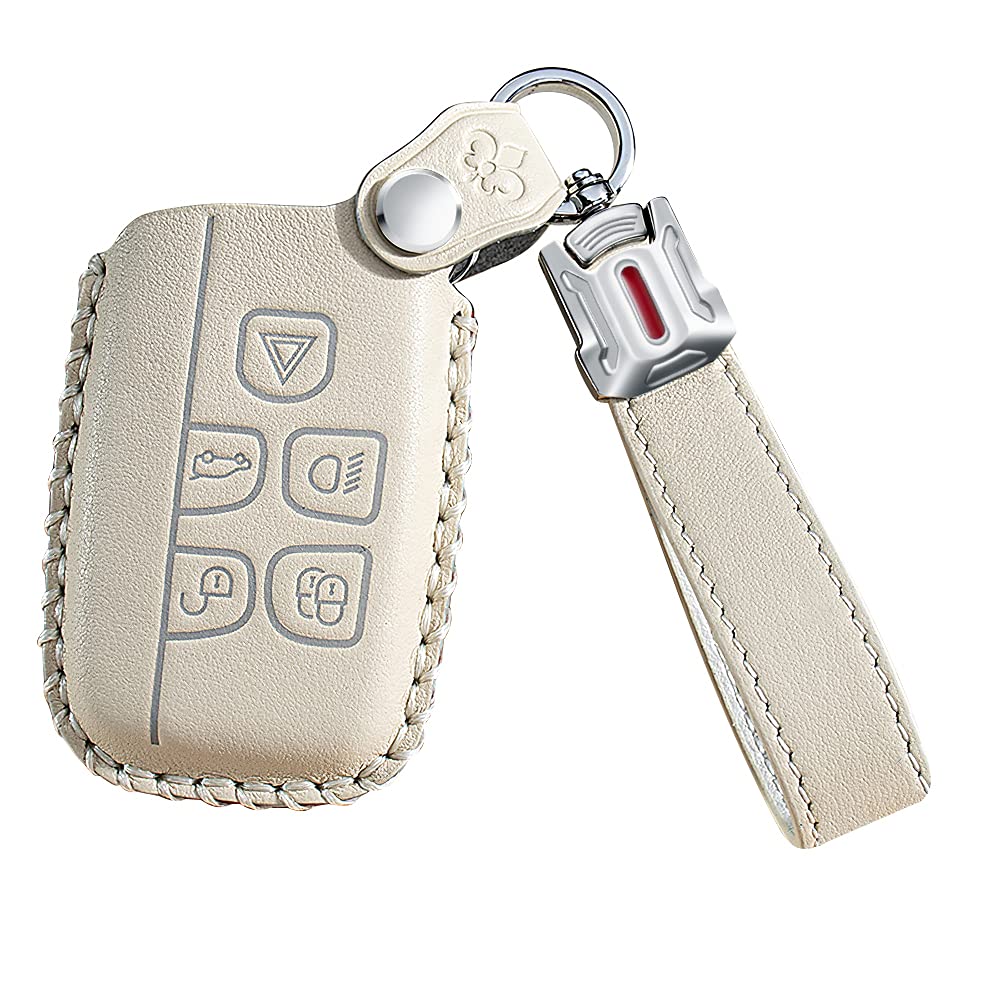 ontto Leather Car Key Fob Cover Keyring for Land Rover Defender Discovery Evoque LR4 Range Rover Sport Jaguar 5-Button accessories Key Case keychain Remote key Shell key Holder Protector (Beige,A) von ontto