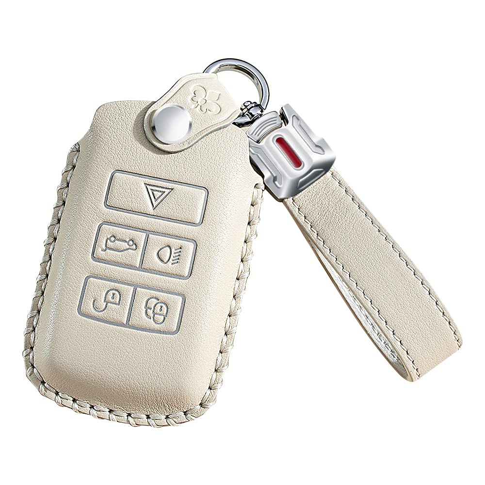 ontto Leather Car Key Fob Cover Keyring for Land Rover Defender Discovery Evoque LR4 Range Rover Sport Jaguar 5-Button accessories Key Case keychain Remote key Shell key Holder Protector (Beige,B) von ontto