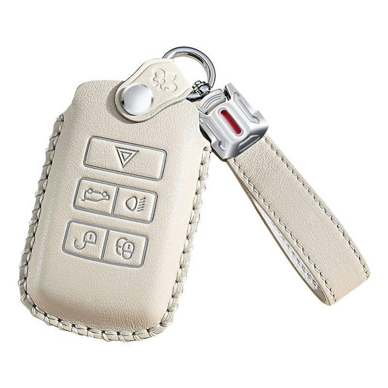 ontto Leather Car Key Fob Cover Keyring for Land Rover Defender Discovery Evoque LR4 Range Rover Sport Jaguar 5-Button accessories Key Case keychain Remote key Shell key Holder Protector (Beige,B) von ontto