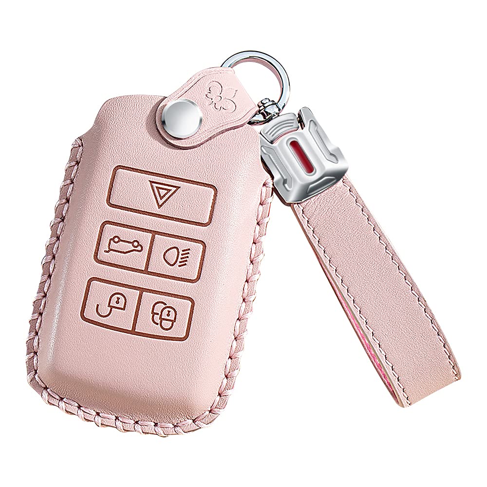 ontto Leather Car Key Fob Cover Keyring for Land Rover Defender Discovery Evoque LR4 Range Rover Sport Jaguar 5-Button accessories Key Case keychain Remote key Shell key Holder Protector (Rosa,B) von ontto