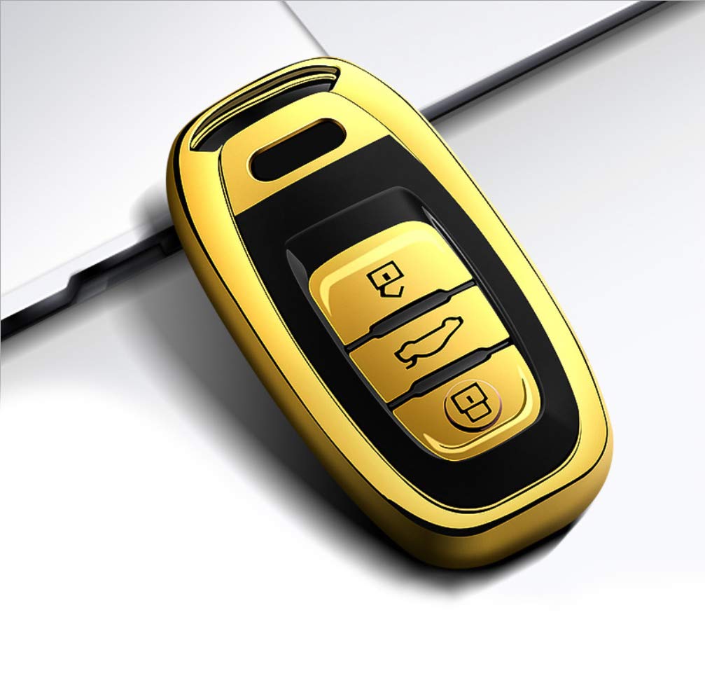ontto Premium TPU Silikon Autoschlüssel Abdeckung Fall für Audi 3 Tasten Schlüssel Schutzhülle Hülle für Audi A4 A5 A6 A7 Q5 Q7 Q8 RS SQ Smart Autoschlüssel mit Schlüsselbund - Gelb von ontto