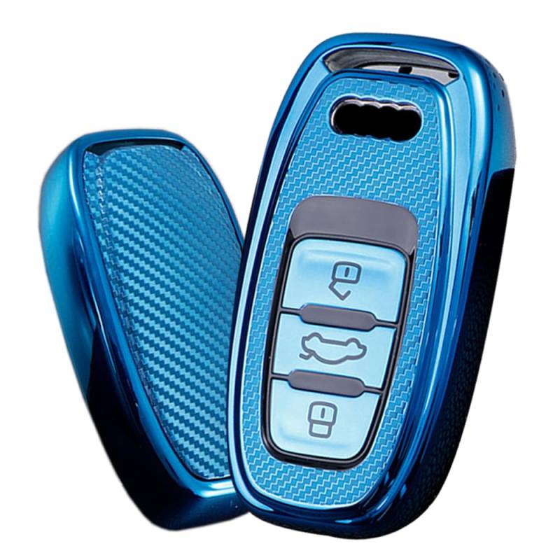 ontto Schlüsselhülle Passt für Audi A3 A4 A6 A7 A8 Q5 Q7 S4 S5 S6 R8 RS4 RS5 RS6 TT E-Tron Quattro 3 Tasten TPU Kohlefaser Autoschlüssel Hülle Etui Schlüsselbox Schlüsselgehäuse Auto-Zubehör-Blau von ontto