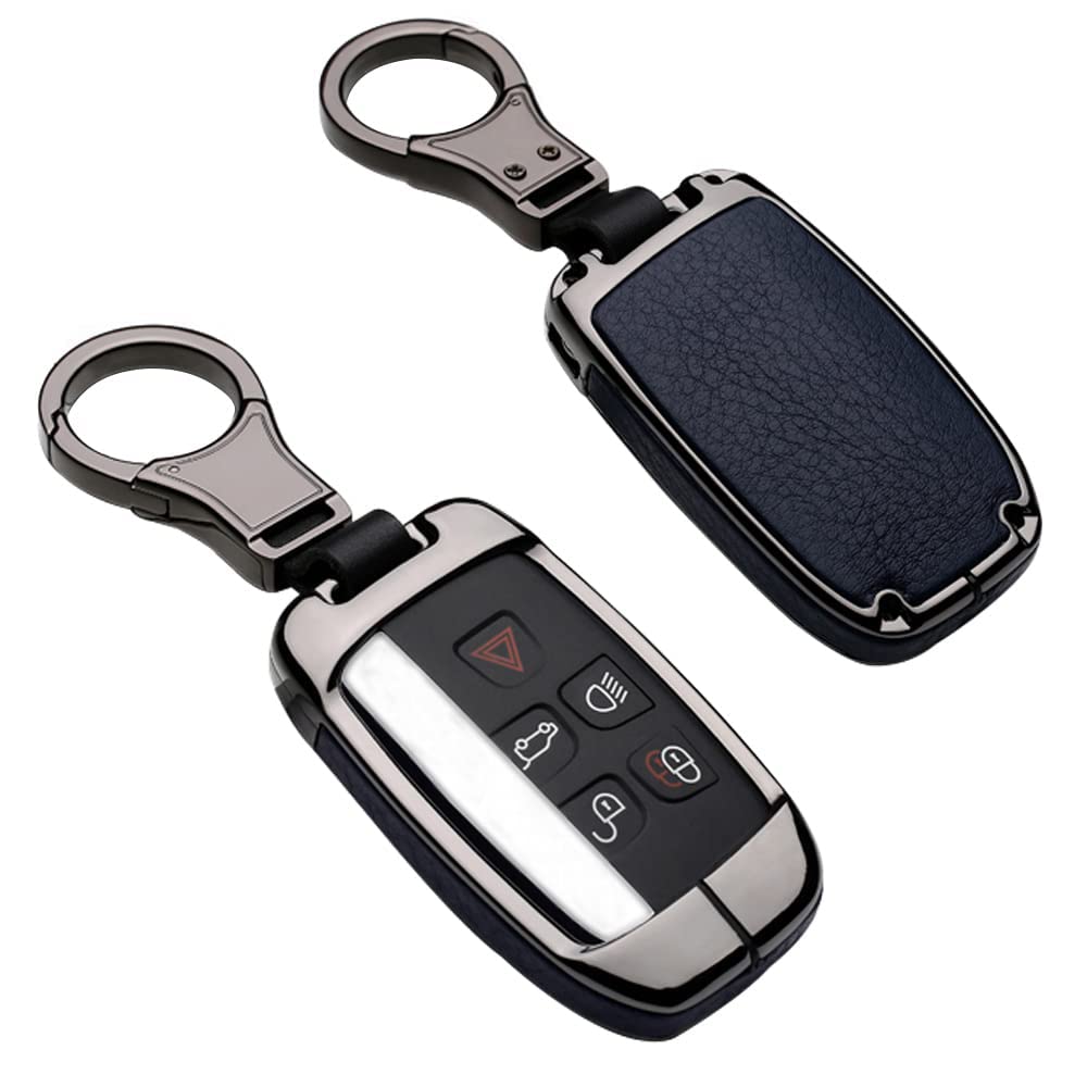 ontto Smart Autoschlüssel Hülle Abdeckung Schlüssel Tasche für Defender Discovery Evoque LR4 Range Rover Sport Jaguar Metall Zink Legierung & Leder Schlüsselschutz Keyless Schlüsselbund -Black Blue von ontto