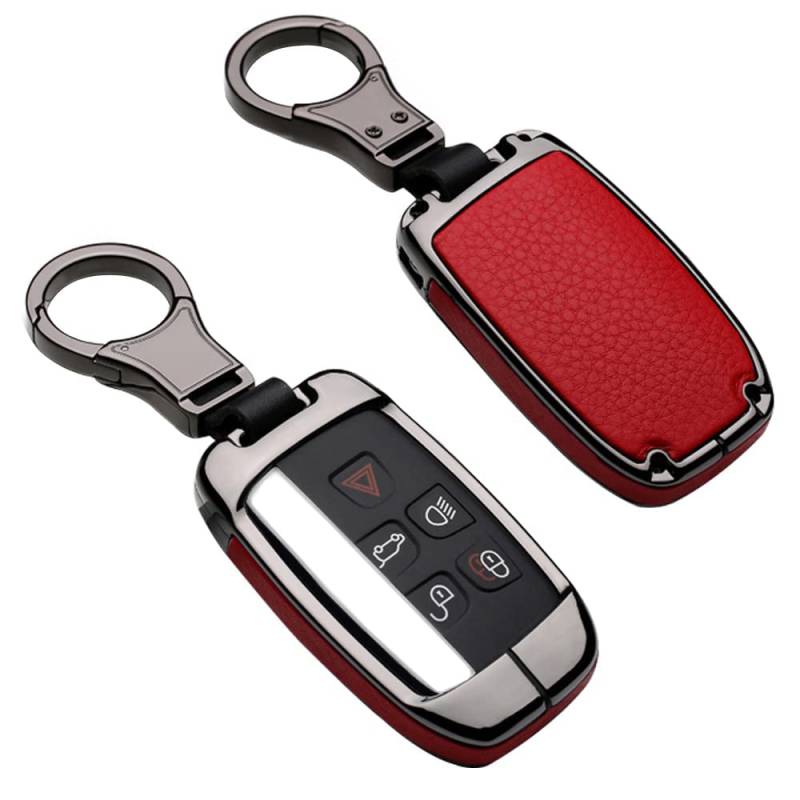 ontto 1 Stück Autoschlüssel Hülle Schlüssel Tasche für Defender Discovery Evoque LR4 Range Rover Sport Jaguar Metall Zink Legierung & Leder Schlüsselschutz Keyless mit Schlüsselbund -Black red von ontto