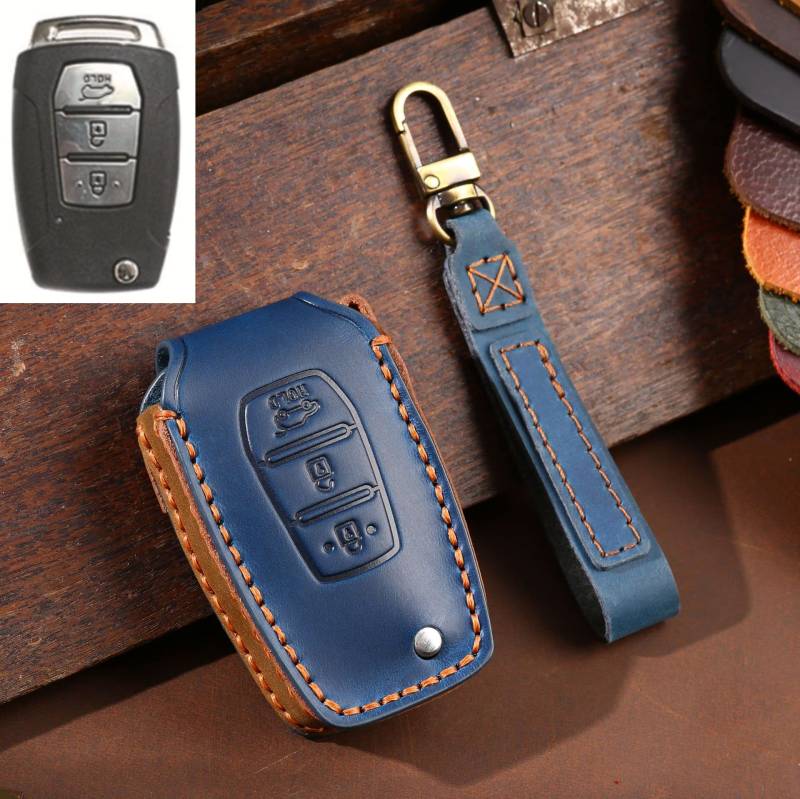 ontto Smart Autoschlüssel Hülle Passt für SsangYong Kyron 2 Sanka Actyon Korando Tivoli Keyless Go Leder Schutzhülle Schlüsselhülle Fernbedienung Cover Schlüsselanhänger 3 Tasten-B Blau von ontto