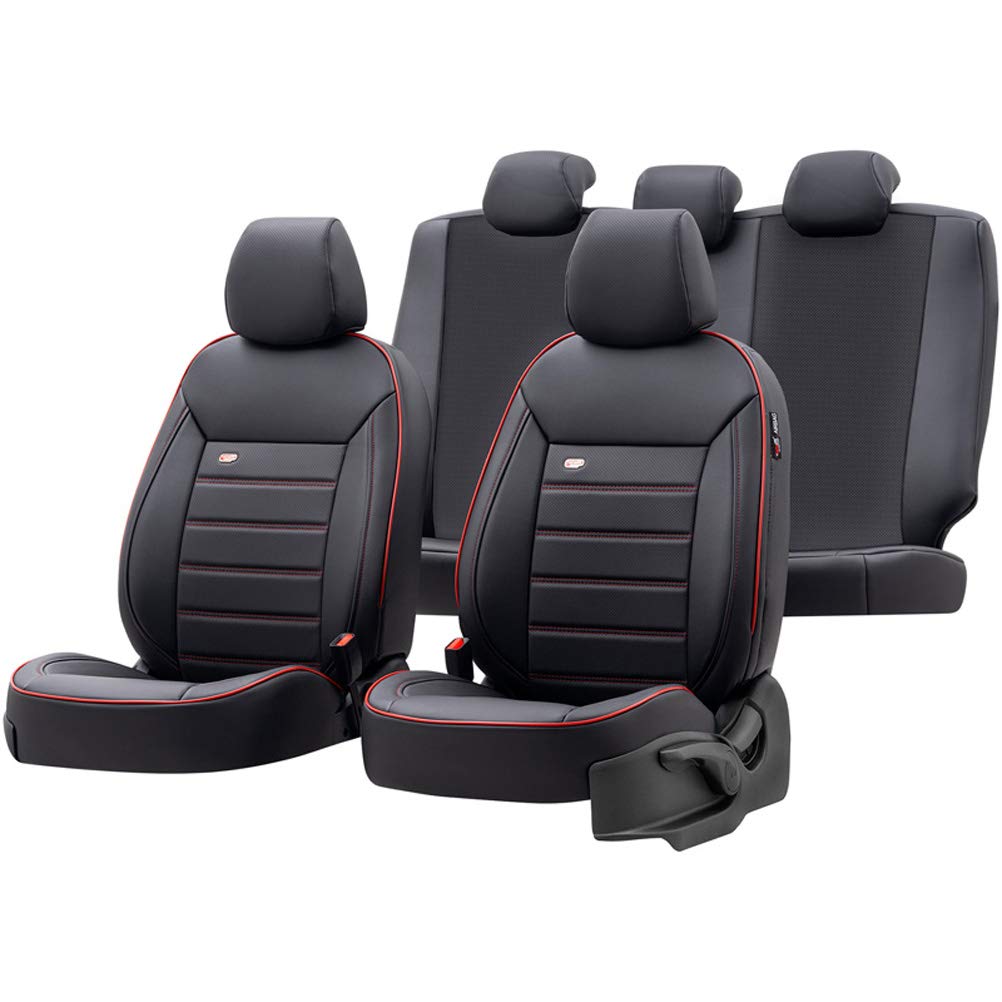 Universelle Voll-Leder Sitzbezüge 'Premium' Schwarz + Rotes Rand - 11-Teilig- - kompatibel mit Side-Airbags von OtoM