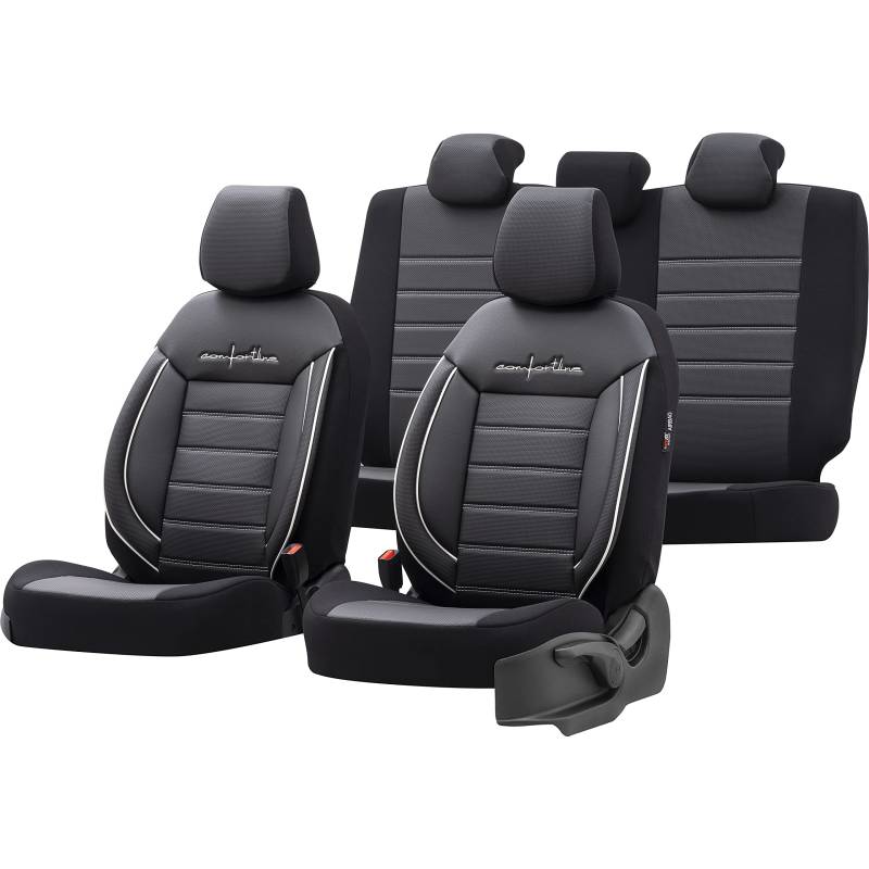 Universelle Leder/Stoff Sitzbezüge 'Comfortline' Schwarz/Grau + Weißes Rand - 11-Teilig- - kompatibel mit Side-Airbags von OtoM