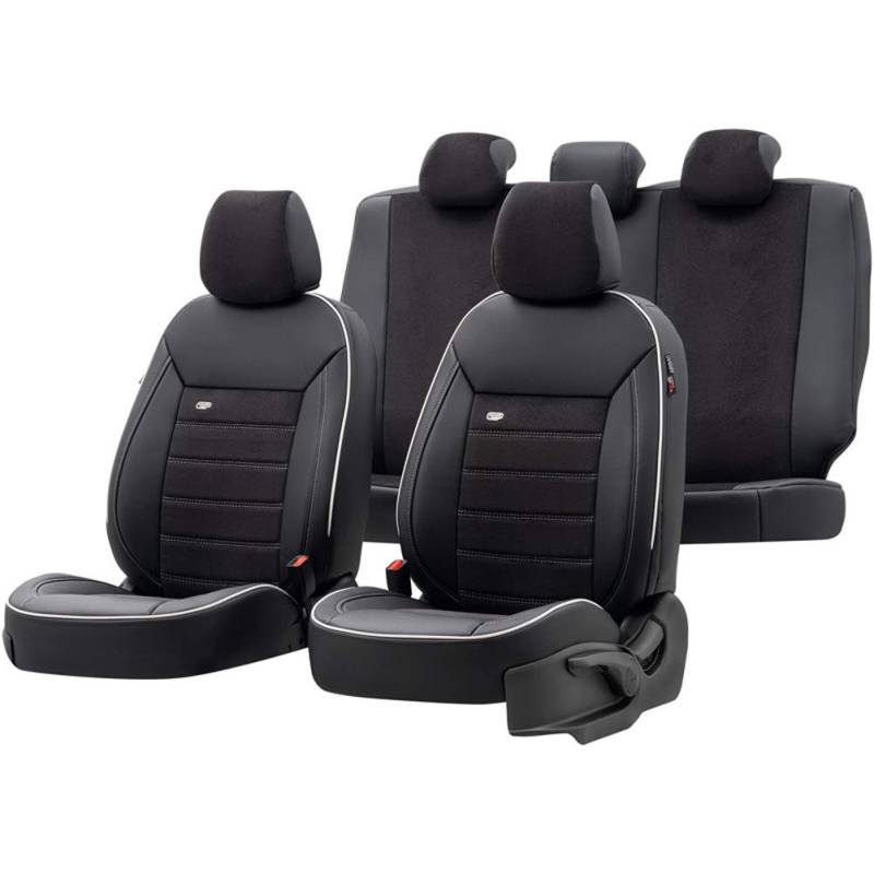 Universelle Leder/Samt Sitzbezüge 'Premium' Schwarz + Weißes Rand - 11-Teilig- - kompatibel mit Side-Airbags von OtoM