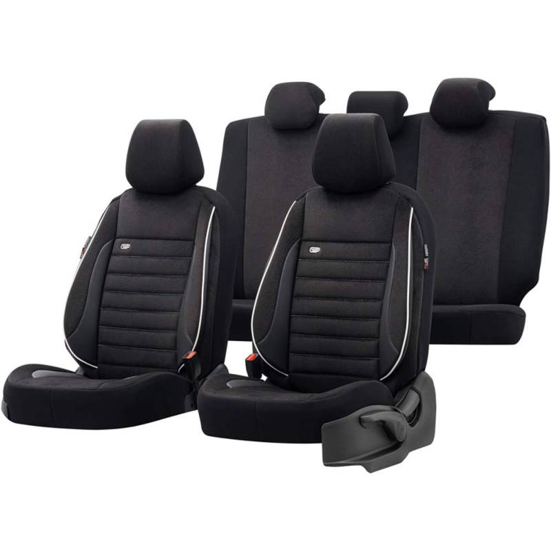 Universelle Samt/Stoff Sitzbezüge 'Royal' Schwarz + Weißes Rand - 11-Teilig- - kompatibel mit Side-Airbags von OtoM