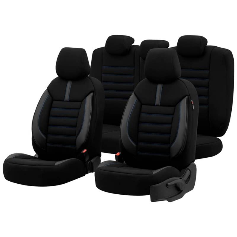 otoM Universelle Stoff/Leder Sitzbezüge 'Limited' Schwarz + Blaue Nähten- 11-Teilig- - kompatibel mit Side-Airbags von OtoM