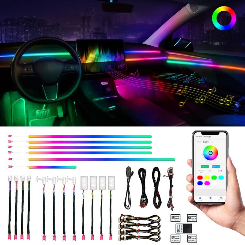 Innenraumbeleuchtung, Innenbeleuchtung Auto Lichtbänder 18 in 1 128 Bunte Acryl Faseroptikstreifen, Bar RGB universelle dekorationsatmosphäre, APP-Steuerung, ambientebeleuchtung für alle Autos von panthem