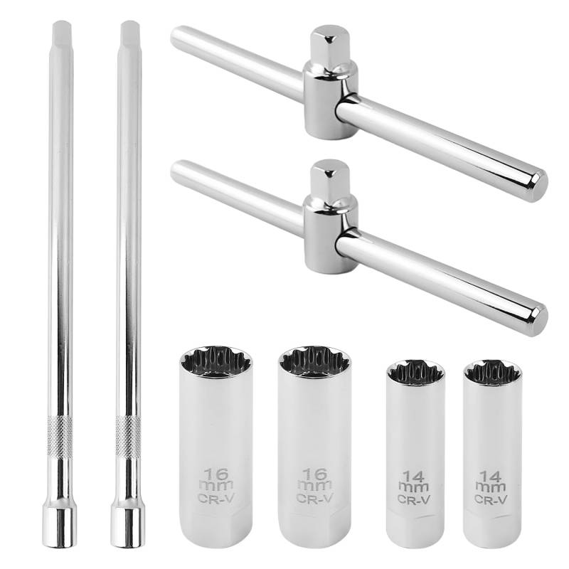 peuqcen 4 Stück Zündkerzenschlüssel Set, Zündkerzenschlüssel 16mm und 14mm, Zündkerzen Nuss mit Fangstange und Schiebe T Griff Entferner, für Motorrad, Auto, Motorsäge (Silber) von peuqcen