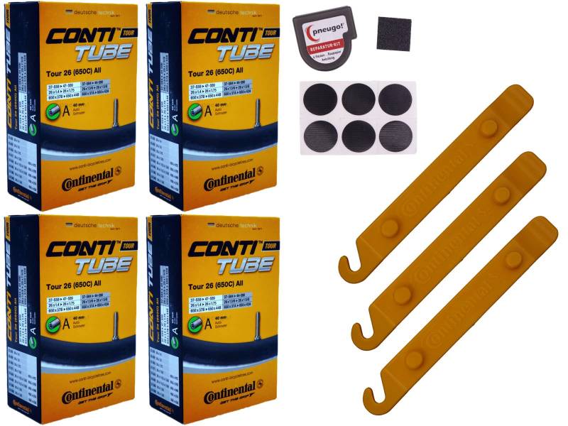 4x Schlauch Continental 37-590 (26x1 3/8) 650x35A AV 40mm Schrader +Reifenheber von pneugo!