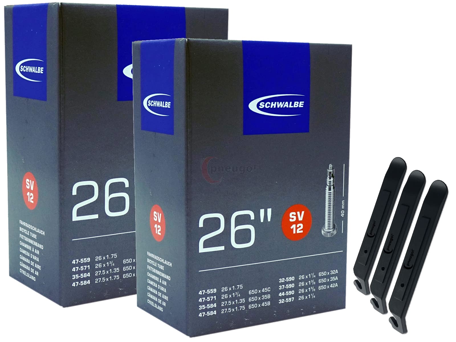 pneugo! Set 2 x Schwalbe Fahrradschlauch 26 Zoll Sclaverand 32-590/47-584 SV12 + 3 Reifenheber von pneugo!