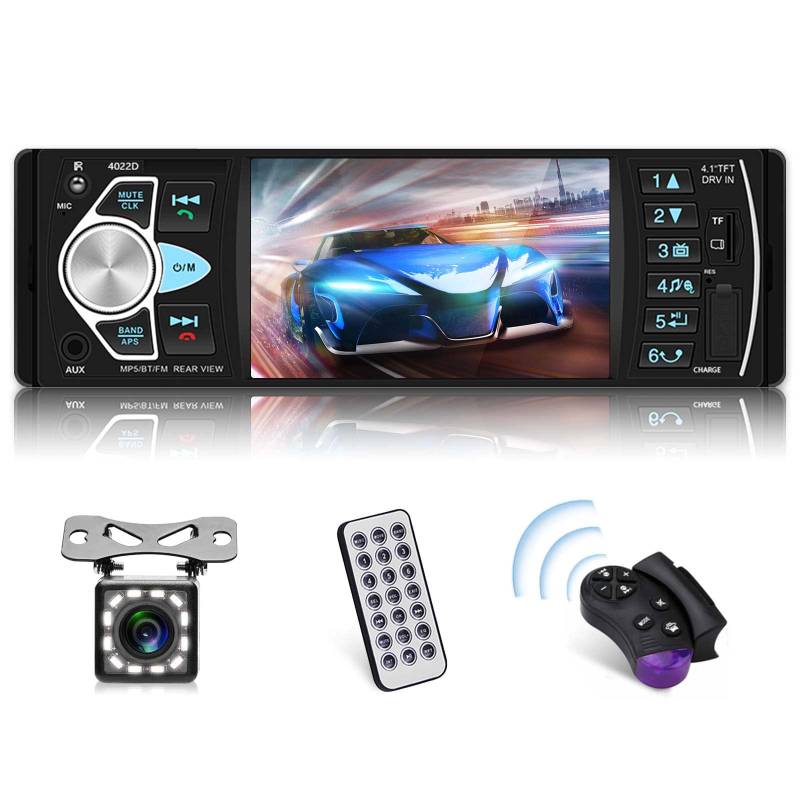 Podofo 1 Din 4.1 Zoll HD Bildschirm Autoradio mit Bluetooth Freisprecheinrichtung/USB/FM/SD/AUX/Rückfahrkamera (12 Lichter) / Lenkrad-Fernbedienung von podofo