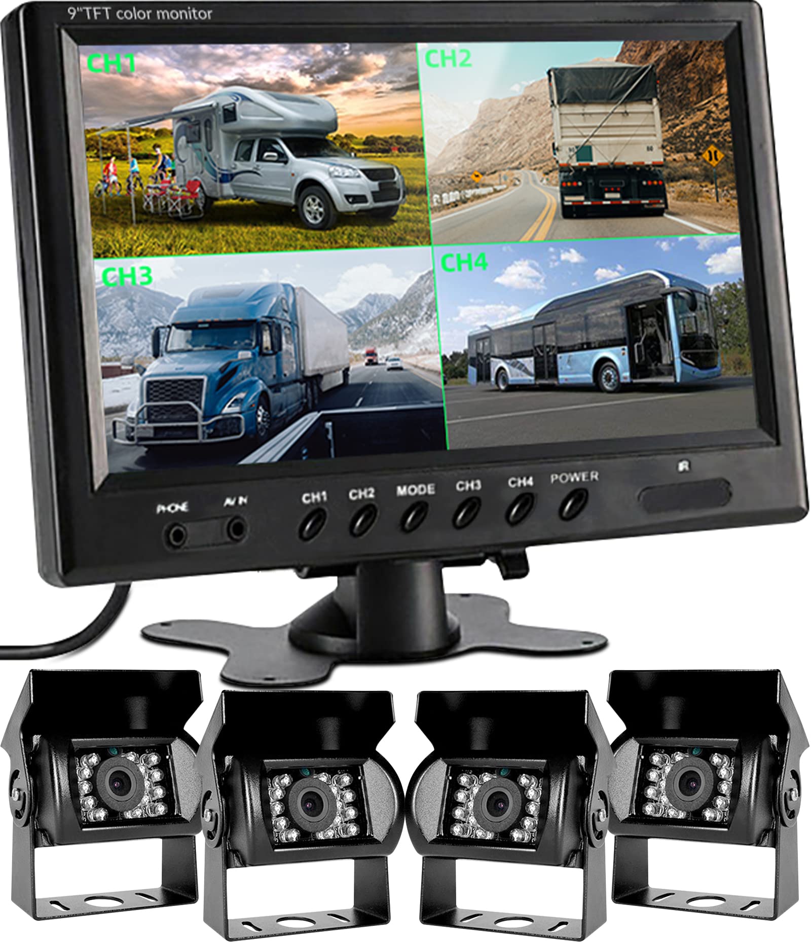 Podofo Vans RV Rückfahrkamera Set, 9 Zoll Monitor 4 Kameras, 4-Geteiltes Display 4-Kanal Video, IP68 wasserdichte Nachtsichtkameras, Frontview Kameras, 12V-24V für LKWs Camping Autos von podofo