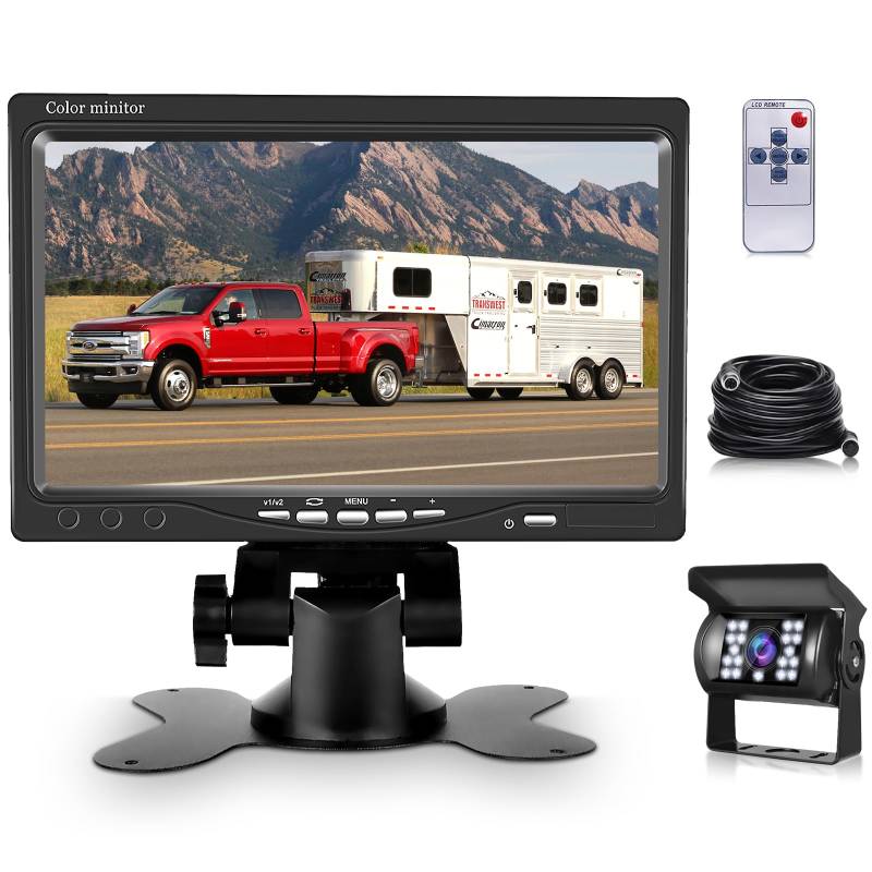 Podofo Rückfahrkamera Set Mit 7" LCD Monitor, 4-Poliges Luftfahrtkabel, Wasserdicht IP68, 18 IR-LED Nachtsicht, 17,8 cm Bildschirm für Wohnmobil/Bus/Anhänger/LKW von podofo