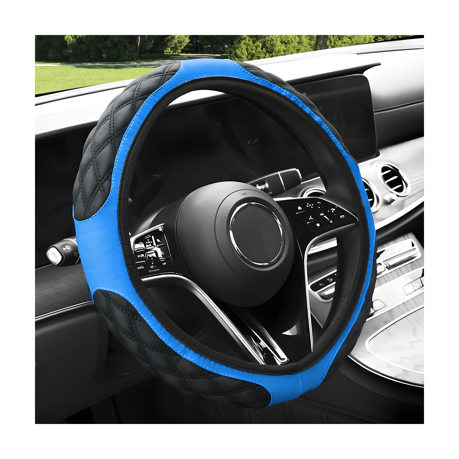 povtii Auto Lenkradbezug, 15 Zoll Anti Rutsch Leder Auto Lenkradschutz, Universal Lenkrad Weiche Abdeckung Matten für Auto LKW SUV Innenraum Autozubehör (Blau) von povtii