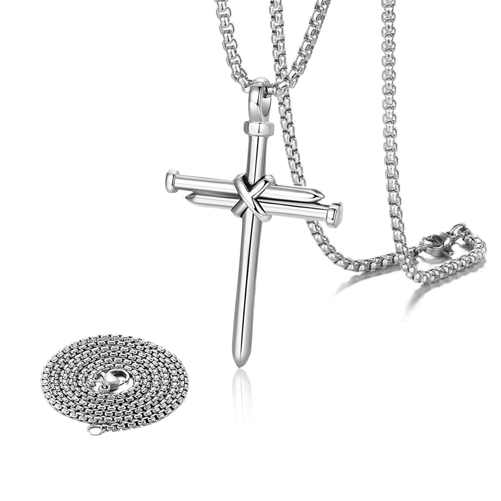 povtii Nagelkreuz Anhänger für Männer, Religiöses Kreuz Hängende Rückspiegel Charms, Metall Nagel Kreuz Hängende Ornament für Auto Rückspiegel Innendekoration Autozubehör (Silber) von povtii