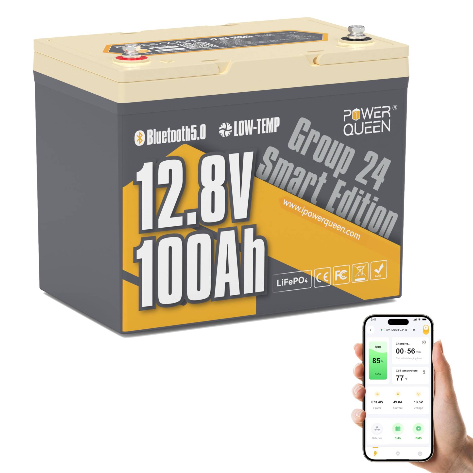 Power Queen 12V 100Ah Batterie Lithium Bluetooth LiFePO4 mit 100A BMS 1280Wh Energie, Max 15000 Zyklen, für Schleppermotoren, Wohnmobile, Caravans, Solar Home Systeme von power queen