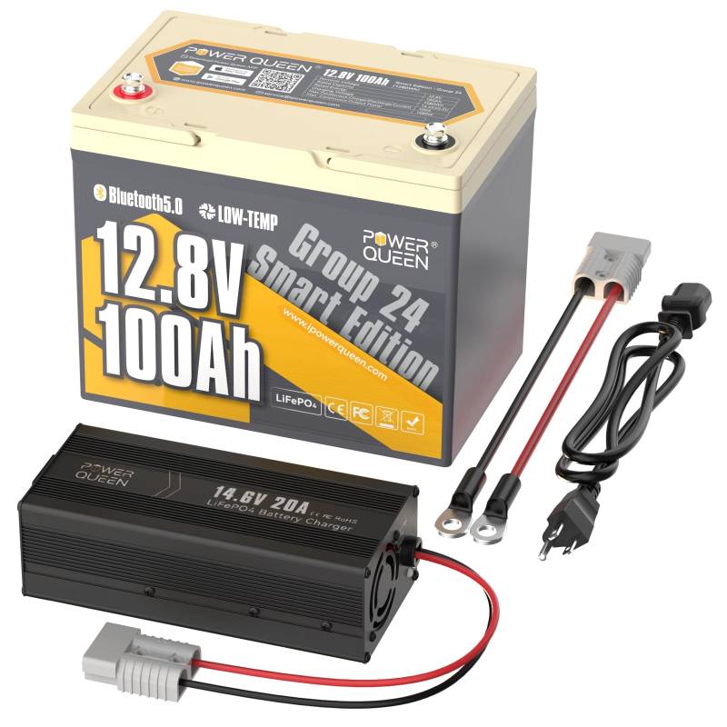 Power Queen 12.8V 100Ah LiFePO4 Batterie Bluetooth Group24 Lithium Batterie mit 14.6V 20A LiFePO4 Ladegerät, ideal für Wohnmobil, Camping, Marine, Solarsystem von power queen
