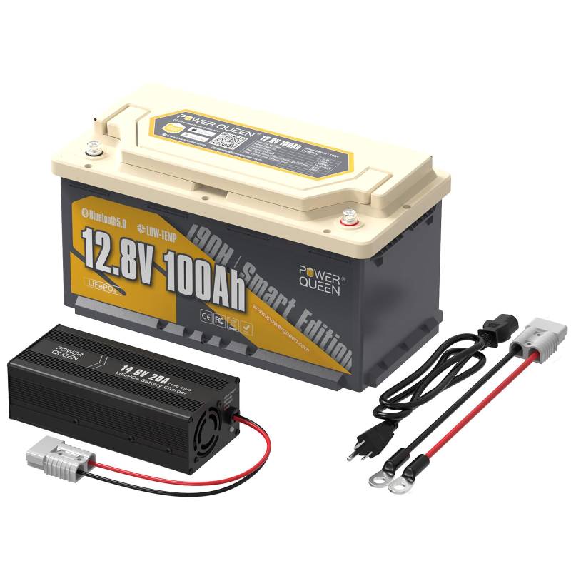 Power Queen 12.8V 100Ah LiFePO4 RV190 Bluetooth Batterie Lithium Batterie mit 14.6V 20A LiFePO4 Batterie Ladegerät konstant aufgeladen Ideales Paket für Camping Wohnmobil Solar Panel Autonomes System von power queen