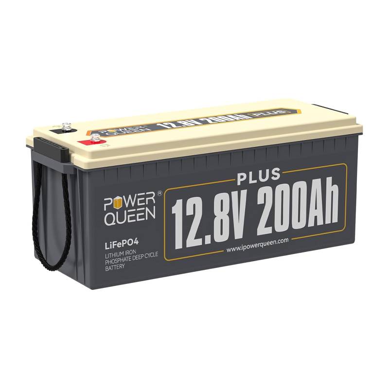 Power Queen 200 Ah Plus Lithium Batterie 12.8 V Tiefezyklen, Über 4000 Zyklen, Eingebaut 200 A BMS, 2560 W Lastleistung, Stromreserve Akku von Stromausfällen, perfekt für Wohnmobil, Solaranlage, Boot von power queen