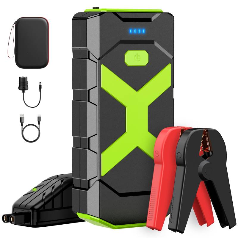POWKEY Starthilfe Powerbank,2000A Auto Starthilfe 12V für Jump Starter für 8.0L Benzin/6.0L Diesel mit LED-Taschenlampe/USB,Jumper,Autobatterie Booster für SUV Motorrad Rasenmäher (Grün) von powkey