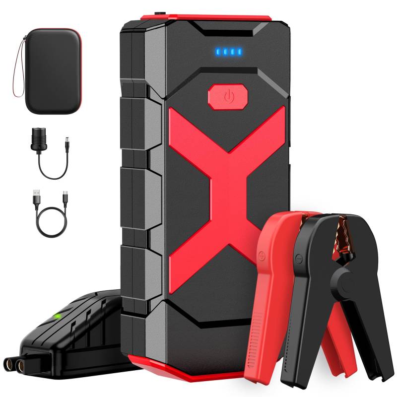 Powkey 2000A Starthilfe Powerbank für pkw, 12V Powerbank Auto Starthilfe, Auto Booster Power Pack für 8.0L Benzin und 6.0L Diesel mit Starthilfekabel/USB-Kabel 3.0 Ports und LED (Rot) von powkey