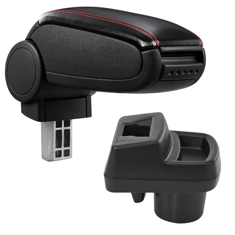 pro.tec Mittelarmlehne passend für Opel Corsa F ab 2019 mit Staufach gepolsterte Armauflage Mittelkonsole Kunstleder Schwarz mit roten Nähten von pro.tec