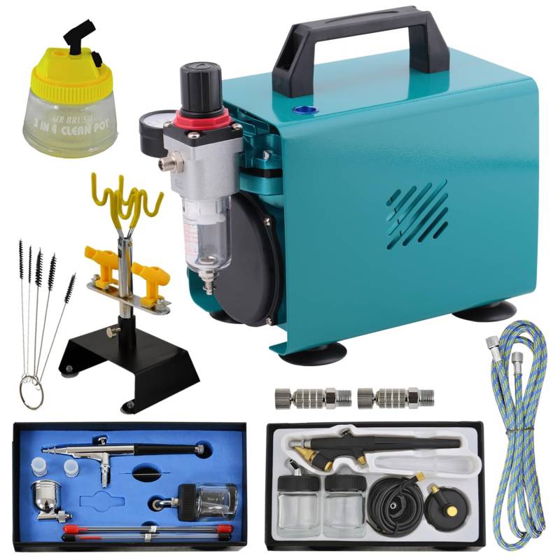 AMUR Profi-Airbrush Set Car Design I mit sehr leisem Airbrush Kompressor, 2 Pistolen, Manometer Halter, 3 in 1 Cleaning Pot, 5Stck. Reinigungsbürsten sowie Kleinzubehör von AMUR