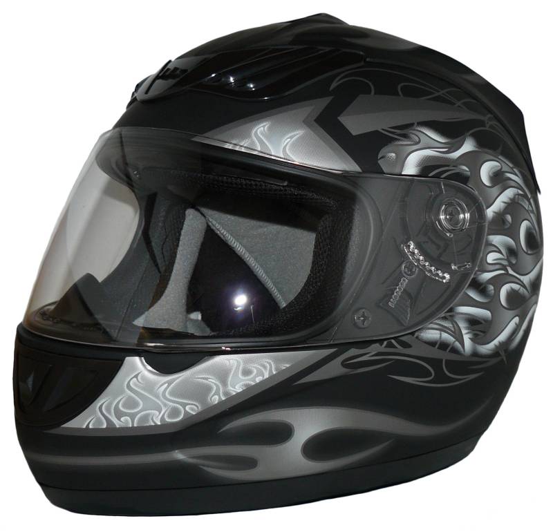 Protectwear H-510-GR-S Motorradhelm, Integralhelm mit Flammendesign in Schwarz-Silber-Weiß-Matt, Größe S von protectWEAR