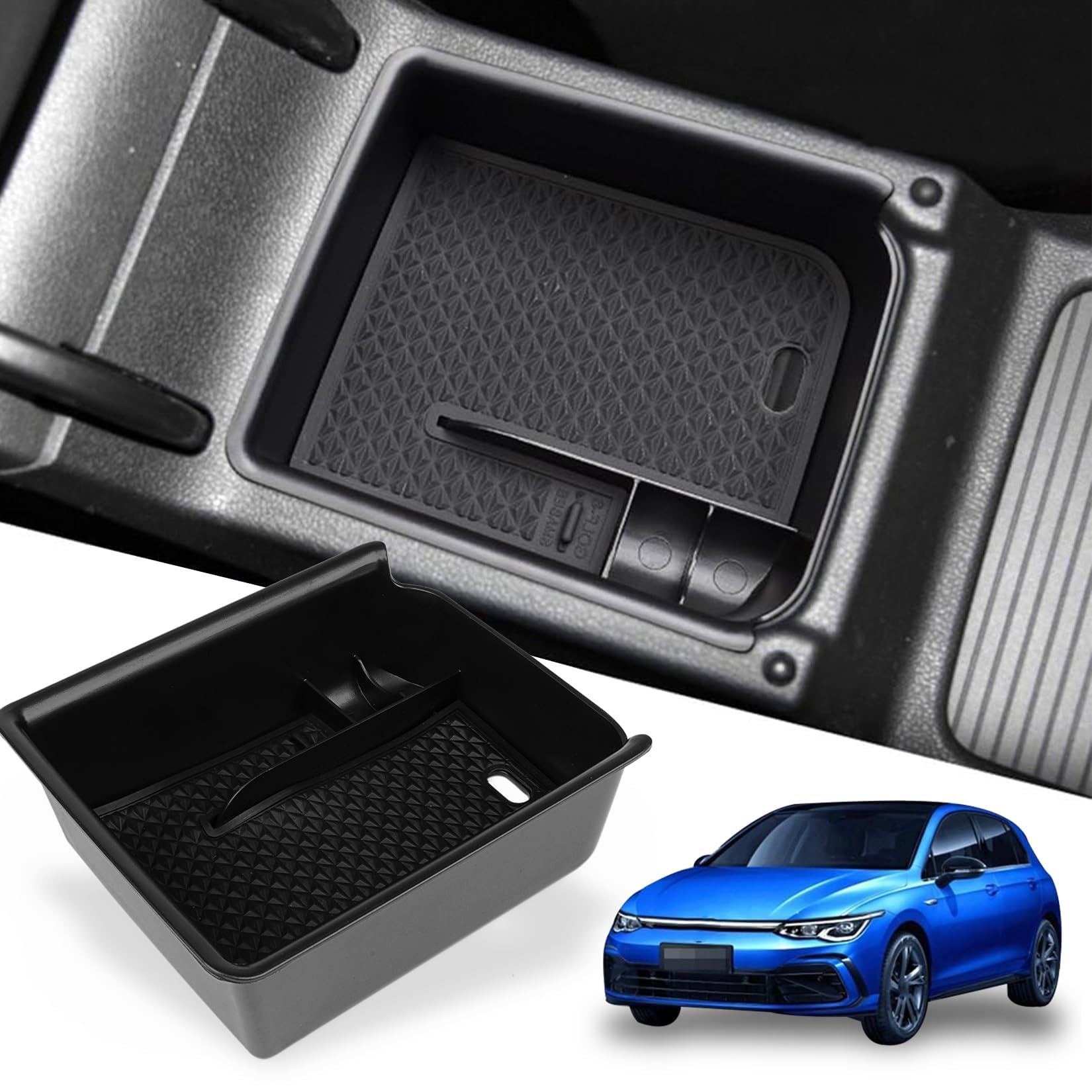 PSLER Auto Mittelkonsole Armlehne Sekundäres Organizer Tablett für VW Golf 8 Mk8 GTI GTE GTD Alltrack R Variant 2020 2021 2022 2023 2024, Auto-Multifunktions-Staufach Organizer Innenraum Zubehör von PSLER