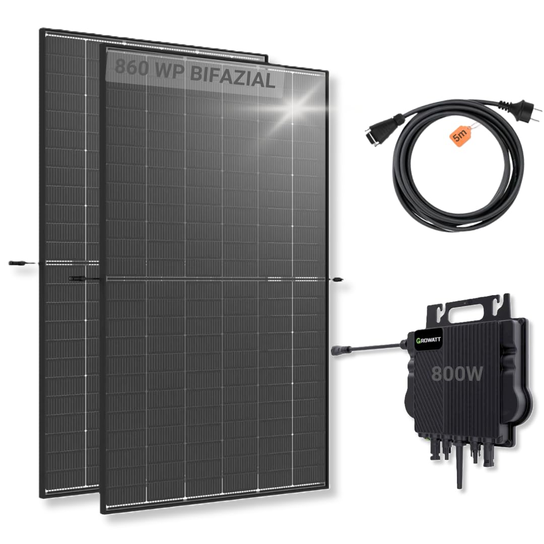 ration1 Balkonkraftwerk 860W Komplettset für Steckdose, 2x Trina Bifazial Black Frame Solarmodule 860Wp & 1x Growatt Wechselrichter NEO 800M-X, Plug & Play Solaranlage, WLAN, 0% MwSt, genehmigungsfrei ration1 Balkonkraftwerk 860W Komplettset für Steckdose, 2x Trina Bifazial Black Frame Solarmodule 860Wp & 1x Growatt Wechselrichter NEO 800M-X, Plug & Play Solaranlage, WLAN, 0% MwSt, genehmigungsfrei von ration1.de