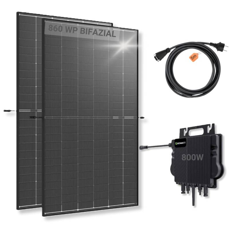 ration1 Balkonkraftwerk 860W Komplettset für Steckdose, 2x Trina Bifazial Black Frame Solarmodule 860Wp & 1x Growatt Wechselrichter NEO 800M-X, Plug & Play Solaranlage, WLAN, 0% MwSt, genehmigungsfrei von ration1.de