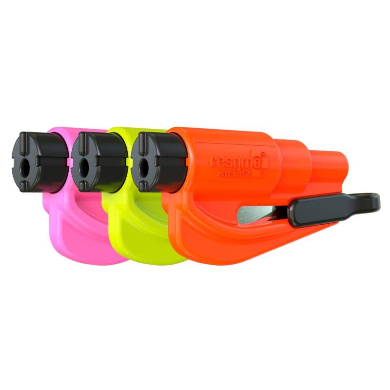 resqme Familien-3er-Pack, das Original-Notfall-Schlüsselanhänger-Auto-Fluchtwerkzeug, 2-in-1 Sicherheitsgurtschneider und Fensterbrecher, Orange, Sicherheitsgelb, Rosa von resqme