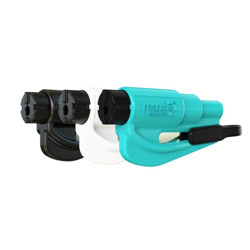 RESQME Original-Notfall-Auto-Fluchtwerkzeug, Schlüsselanhängerformat, 2-in-1 Gurtschneider/Fensterbrecher, 3er-Pack für Familien, kompakter Notfallhammer, Schwarz/Weiß/Blaugrün von resqme