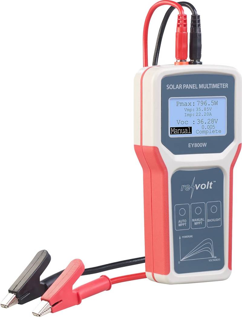 revolt Amperemeter: Digitales Solarpanel-Multimeter, bis 800 W, 60 V, 35 A, XL-LCD-Display (PV-Multimeter, PV-Strommessgerät, Balkonkraftwerk) von revolt