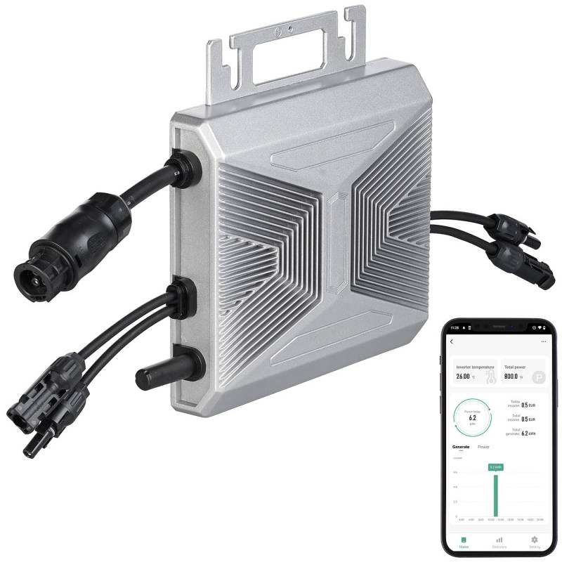 revolt Microinverter: WLAN-Mikroinverter für Solarmodule, 800 W, App, Aluminium-Gehäuse (Mikrowechselrichter, Mikro-Inverter, Netzkabel) von revolt