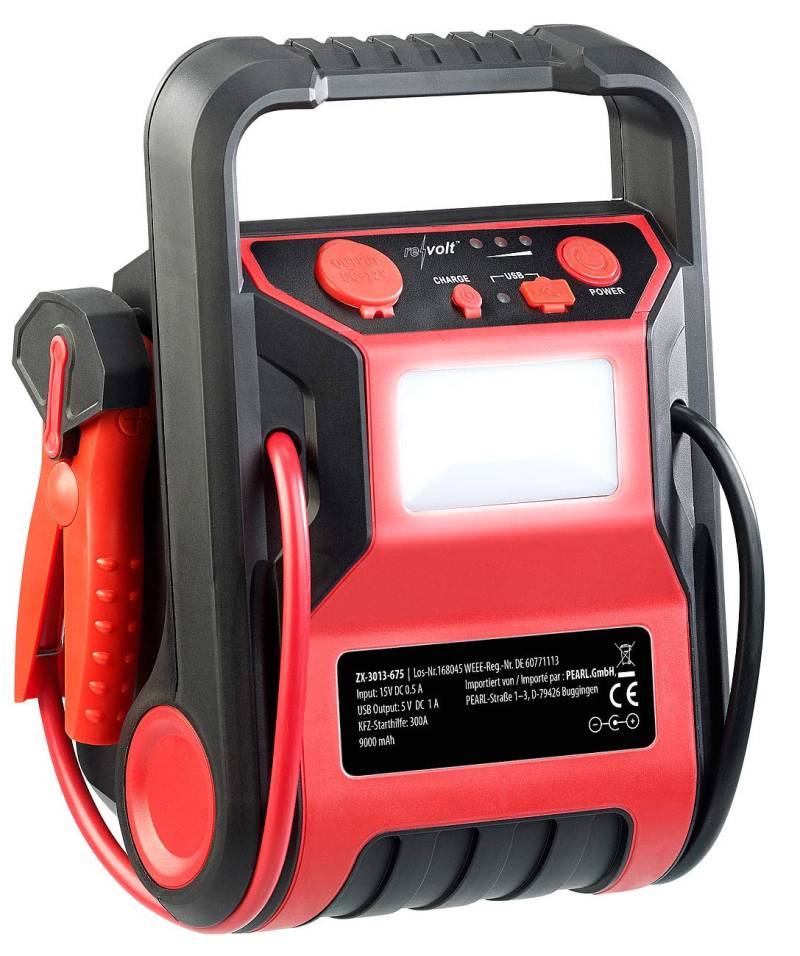revolt Powerpack Starthilfe: 5in1-Starthilfe-Powerbank & Kompressor, USB, 12V 9.000mAh, 600A 250psi (Powerpack 12V, Auto, Samsung Drucker) von revolt