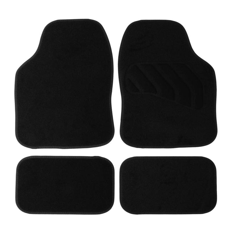 Sakura Fußmatten für Autos SS5464 – Flux schwarzer Teppich, Schwarze Nähte, komplettes Set mit 4 Stück, universelle Passform, strapazierfähiger Flor, rutschfeste Unterseite, hergestellt in von sakura